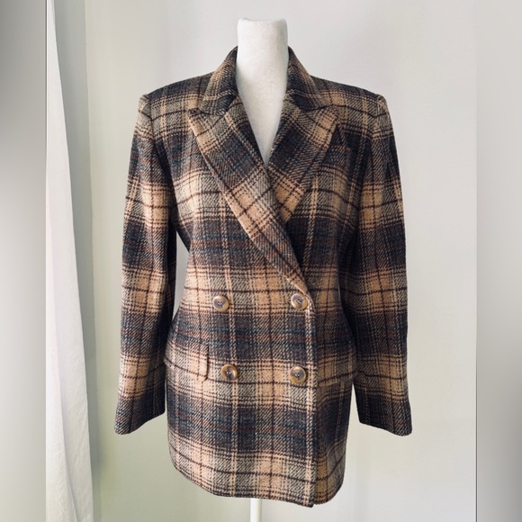 Vintage ‘90s Casual Corner Petite 100% Wool Brown Plaid Double Breasted Blazer - Picture 2 of 6